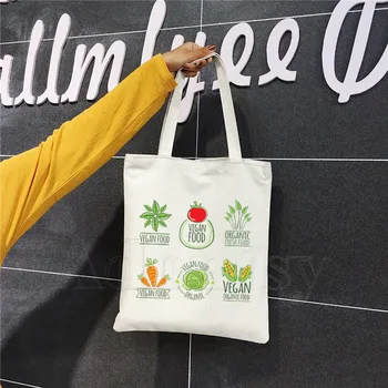 

Vegan Vegetarian Vegetable Green Power Tote Bag Unisex Canvas Bags Shopping Bags Printed Casual Shoulder Bag Foldable