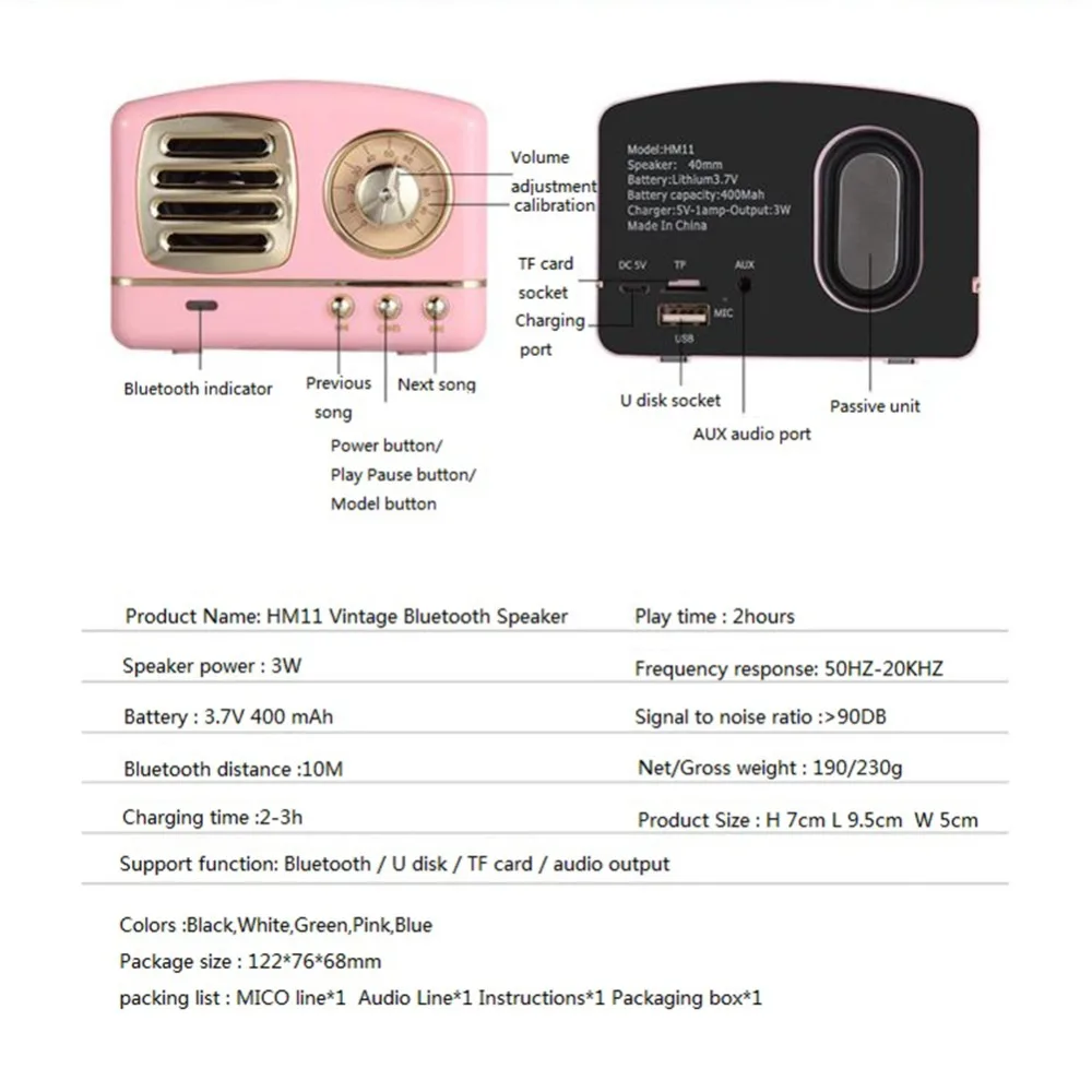 Портативный динамик, Bluetooth, мини, Ретро стиль, беспроводной динамик, s радио, USB/TF карта, музыкальный плеер, HIFI сабвуфер, Bluetooth 4,1