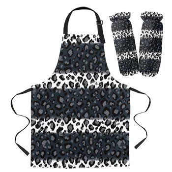 

Leopard Print Black White Striped Apron For Woman Kitchen Apron Cuff Oven Mitts Adult Kids Work Coffee Restaurant Apron Set