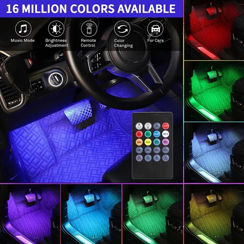 

4pcs 12V LED Strip Light Car Interior RGB DRL Cigarette lighter Music IR APP Control Auto Decorative Flexible Backlight Lamp