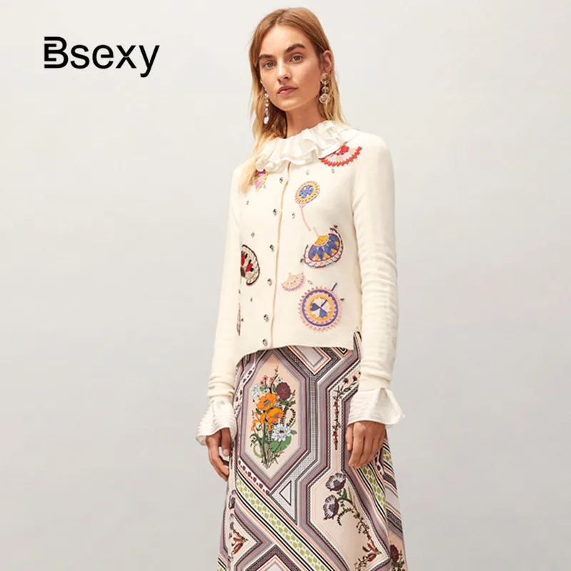 #^Special Price Brand Designer 2019 Europe Fall Women's Cute Flower Embroidery Long-sleeved Round neck Cardigan Coat Thin Knitted Tops Sweater