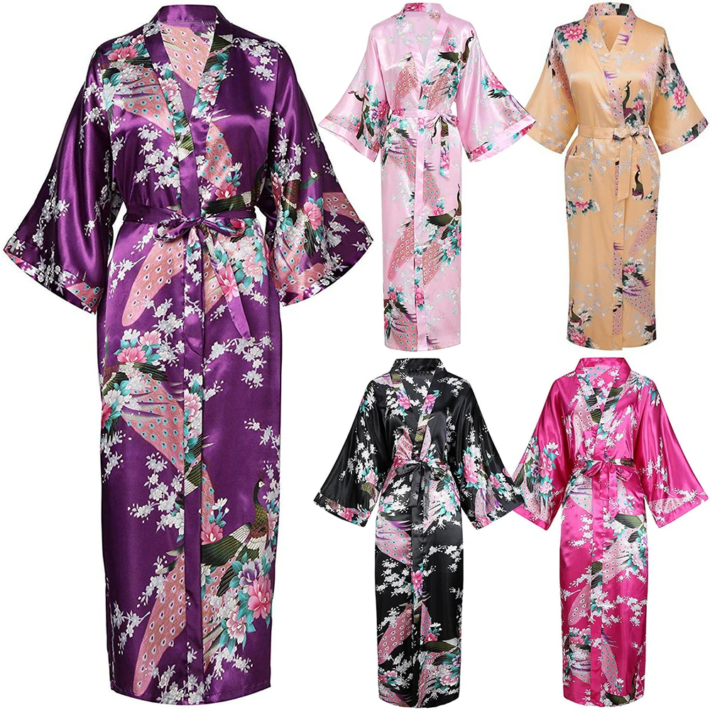 Plus Size 46xl Women Long Robe Print Flower Peacock Robe Kimono