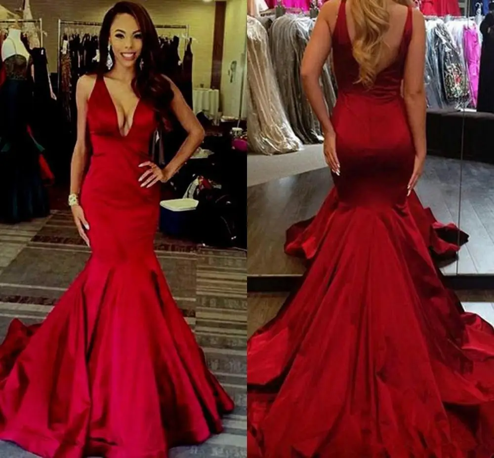 Abendkleider сексуальные атласные красные платья для выпускного вечера с глубоким v-образным вырезом на заказ вечерние платья с открытой спиной Простые платья для выпускного вечера с коротким шлейфом