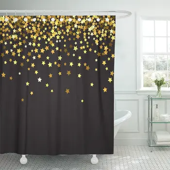 

Border Abstract Pattern of Random Falling Gold Stars on Black for Christmas and New Year Festive Shower Curtain Polyester 72 x 7