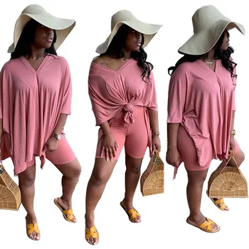 

ZOOEFFBB Casual 2 Piece Set Women Fall Clothes Short Sleeve Loose Top Bodycon Shorts Lounge Wear Matching Sets Two Piece Outfits