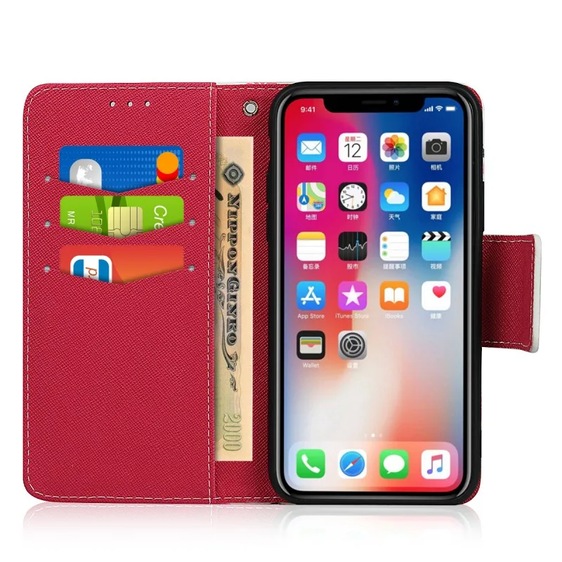 С модным цветочным рисунком; Прочные телефонные чехлы для iPhone X Case-кошелек из ПУ/кожи с откидной крышкой для iPhone XS крышка с барсетка на ремне