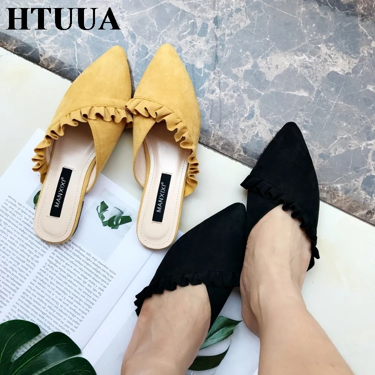 HTUUA/высококачественные Мягкие Шлепанцы из флока; женские туфли без задника; сезон весна-лето-осень; женская обувь; шлепанцы на плоской подошве; SX1311