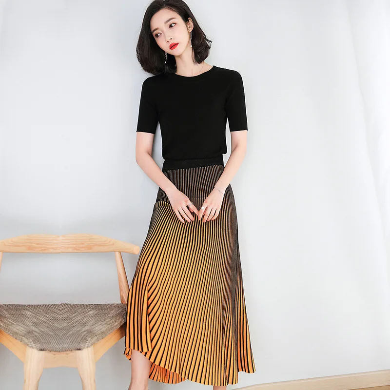 

Two-Piece Set Jersey Dress 2019 Summer Korean-style WOMEN'S Wear New Style Gradient Color Mid-length Short Sleeve Big Skirt