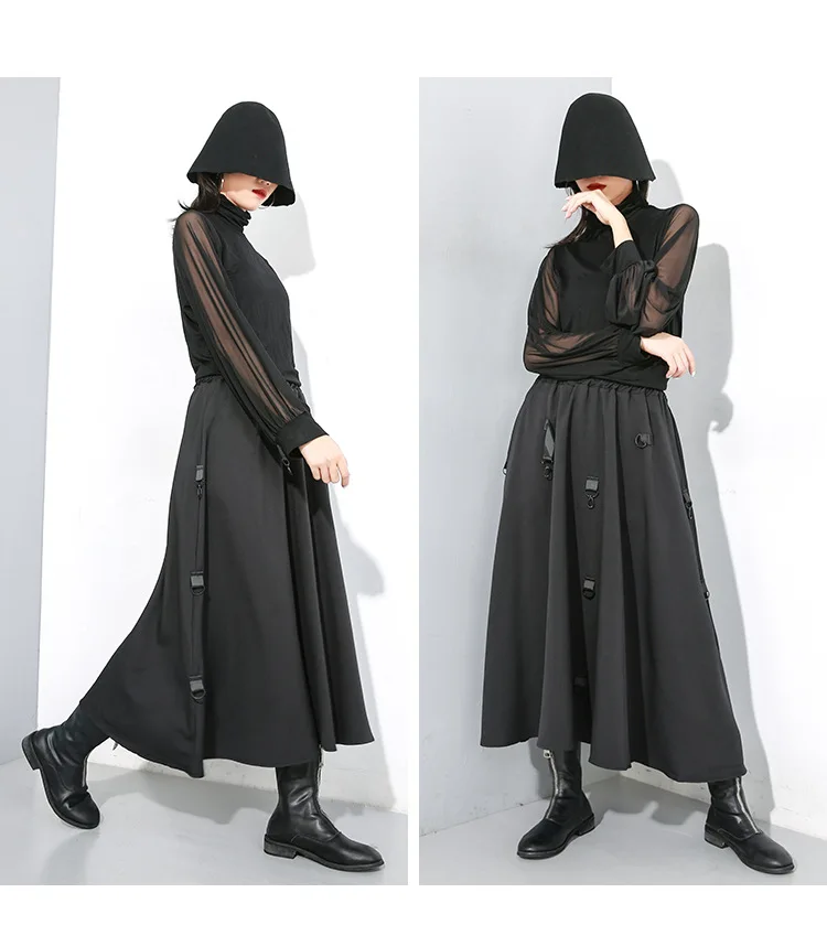 Женская негабаритная эластичная Свободная Повседневная Длинная черная юбка с высокой талией, Женская Японская уличная хип-хоп готическая юбка макси с большим подолом