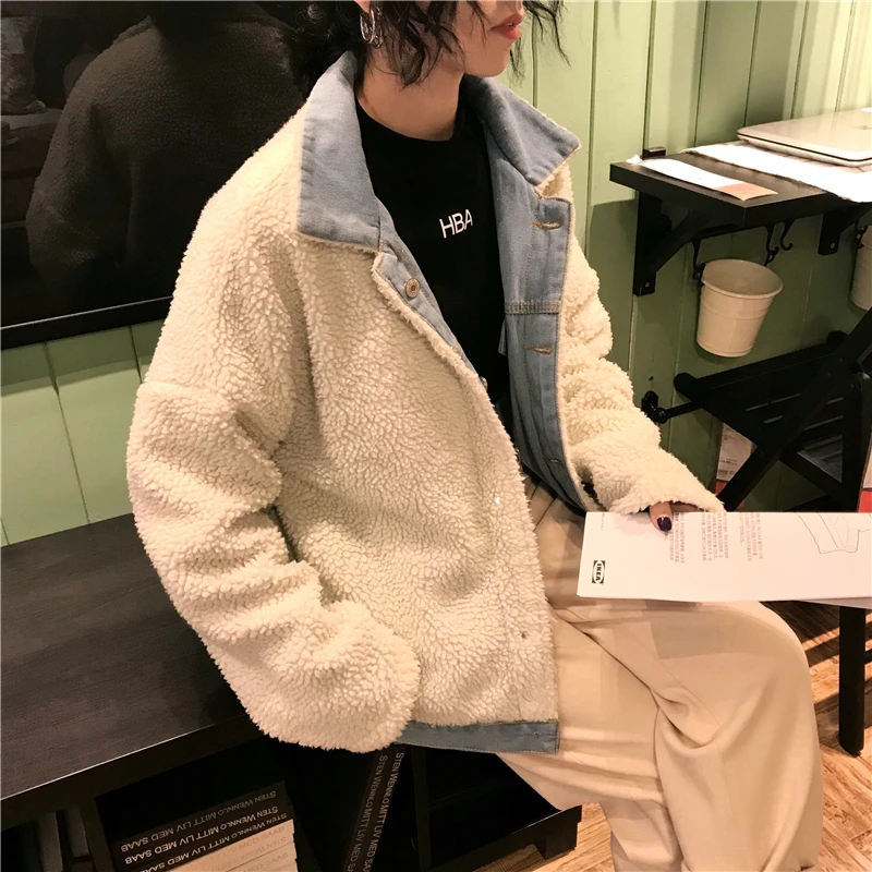 South Korea Autumn And Winter New Style Retro Lambs Wool Loose-Fit Fold-down Collar Cotton-padded Clothes Brushed And Thick