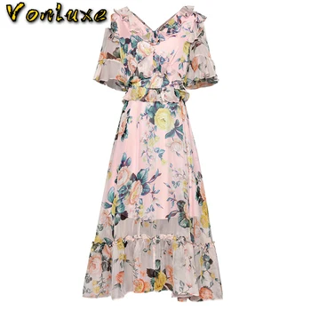 

Elegant Boho V Neck Short Sleeve High Waist Floral Print Long Chiffon Dress Women Summer A-line Bohemian Beach Sundress Dresses