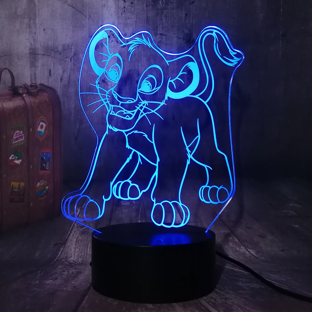 Милый мультфильм Король Лев маленький Simba светодиодный 3d-ночник RGB 7 цветов Настольная лампа домашний декор для детей и мальчиков Рождественский подарок