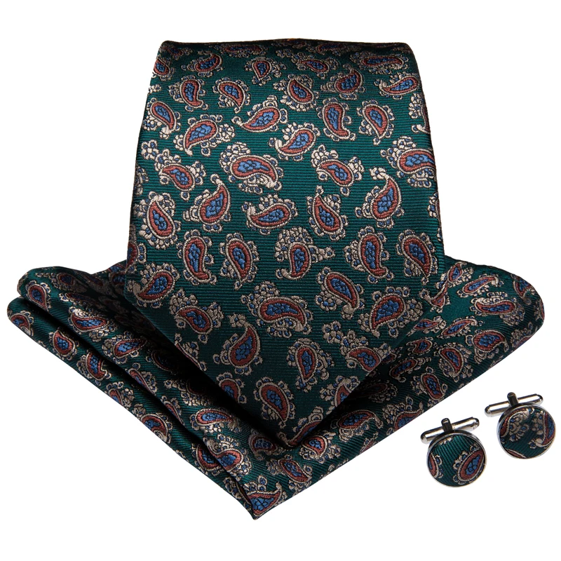 New Designer Quality Men Necktie Green Red Paisley Silk Wedding Tie For Men DiBanGu Hanky Cufflink Clip Set Dropshipping MJ-7211