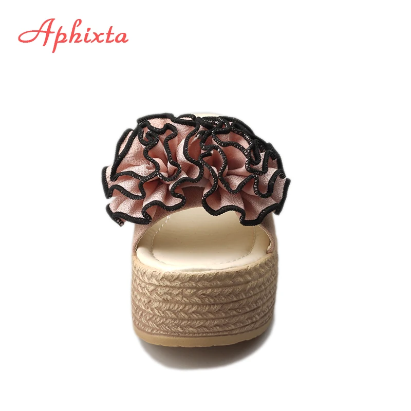 Aphixta 여성용 플라워 웨지 힐 슬리퍼, 암소 스웨이드 보우, 여성 뮬러, 여성 4cm 플랫폼 샌들, 클로그 슈즈 슬라이드, 9cm
