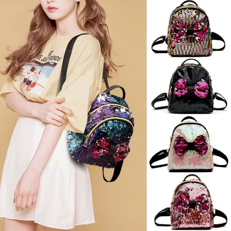 

2020 New Fashion Women Backpack Bowknot Travel Shoulder Bag Ladies Mini Rucksack Purse Satchel Colorful sequin bow backpack