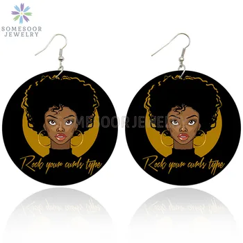 

SOMESOOR Rock Your Curls Type Wooden Drop Earrings Afro Melanin Poppin Black Girl Hiphop Loops Both Sides Printed For Women Gift