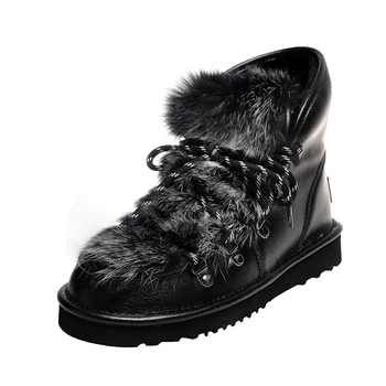 

Women Furry Snow Boots Winter Warm Shoes Ladies Girls Round Toe Luxury Fur Ankle Bootie Film Leather Lace UP Outside Wear 2020