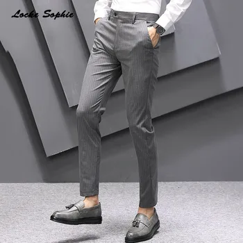 

1pcs Mens Plus size Pencil pants trousers 2020 Summer cotton blend stripe elastic Splicing suit men's Skinny business trousers