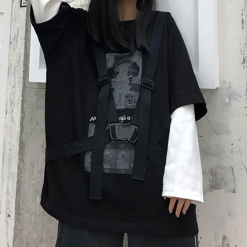 Woherb, новинка, весна-осень, футболка с принтом для женщин и мужчин, Harajuku, поддельные топы из 2 частей, с ремнем, в стиле ретро, черные, серые футболки