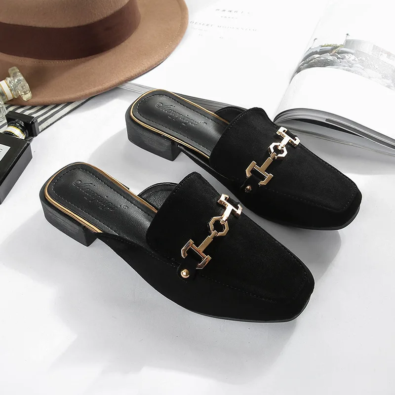 

woman shoes mules metal decoration closed toe slides flock chunky heels slippers shallow plus size shoes zapatos mujer black