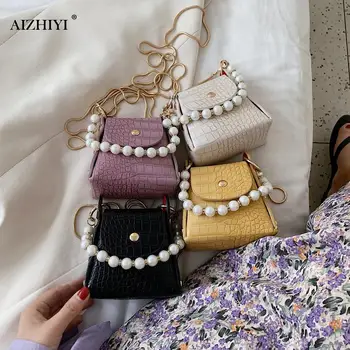 

Alligator Pattern Women Mini Shoulder Bags Solid Color Messenger Pearl Female Chain Satchel PU Leather Tote Handbag