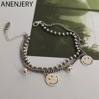 

ANENJERY New Handmade Smiling Face Double Layer Bracelet Bangles For Women Thai Silver Color Beads Chain Bracelet S-B411