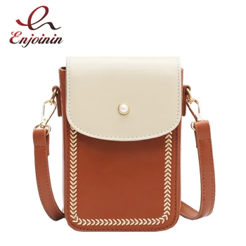 

Contrasting Color Stitching Design PU Leather Phone Bag 2021 Solid Color Shoulder Handbags Female Travel Fashion Purses