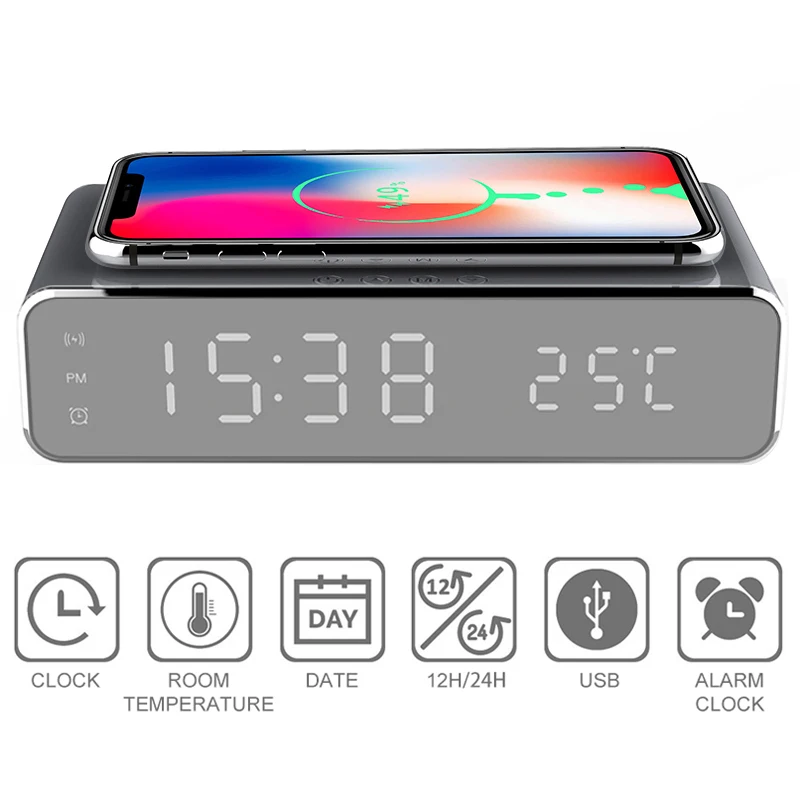 Wireless Charger For IPhone 11 Samsung Huawei With LED Electric Alarm Clock Digital Thermometer HD Mirror With Time Memory lightning car charger