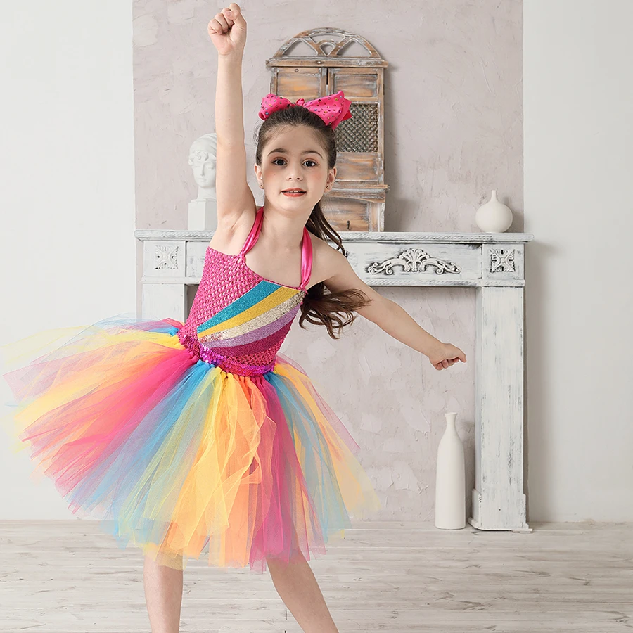 Jojo Siwa Inspired Girls Tutu Dress with Deluxe Bow Sparkly Rainbow Girls Princess Dress Kids Birthday Party Halloween Clothes (23)