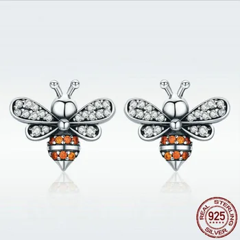 

Fashion Animal Honey Bee Stud Earrings For Women Statement Real 925 Sterling Silver Cubic Zircon Stone Gold Earring Party Gifts