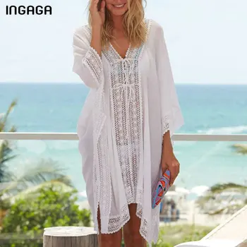 

INGAGA 2020 Beachwear Cover Up Hollow Out Beach Dress Knotted Beach Tunic Swimwear Women Swimsuits Solid Lace Bathing Suit Women