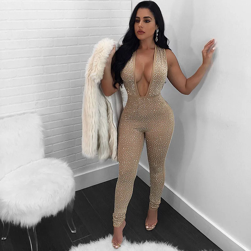 

Sexy Deep V-neck Bodycon Jumpsuit for Women Rompers Rhinestone Backless Skinny Nightclub Party Sparkly Overalls Macacao Feminino