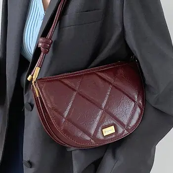 

Female Lattice Saddle Vintage Shoulder Bags Armpit Bag PU Leather Women's Luxury Designer Bag Handbags High Quality