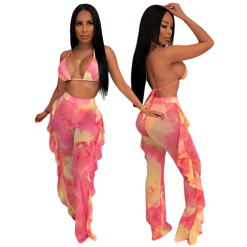 

2021 Sexy Women Bikini Summer Lace 3 Piece Set Beach Hollow Out 2 Piece Bikini Top+Long Pants Slim Female Clothing Size S-4XL