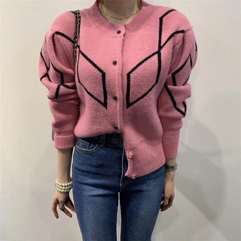 

Women Knitted Sweater Winter 2020 Simple Black Line Patterns Buttons Design Girls Warm Cardigan Puff Sleeve Vintage Blouse