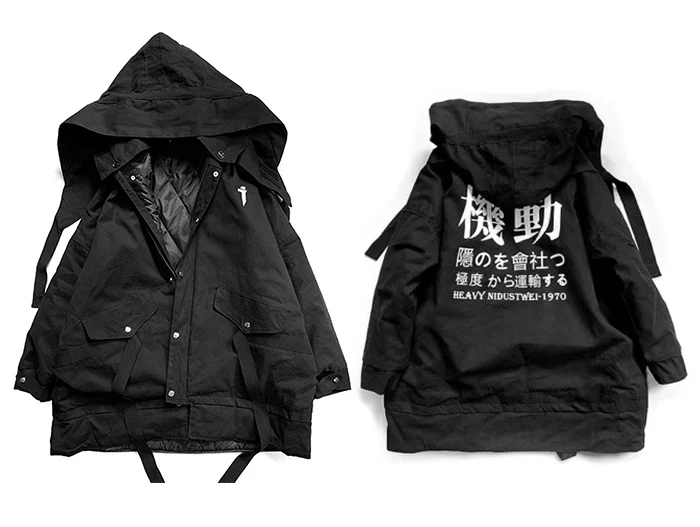 AELFRIC Съемная с буквенным принтом мужские парки с капюшоном хип хоп повседневные толстые стеганые куртки Harajuku ленты ветровка уличная