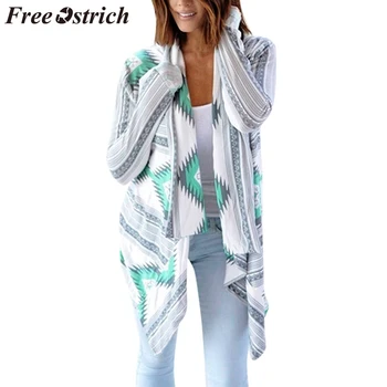 

FREE OSTRICH Coat Women Geometric Printed Irregular Cardigan Patchwork Long Sleeve Large Size Fashion Autumn Winter Coat Women