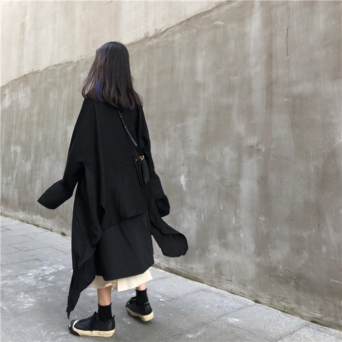 Женская одежда осень зима harajuku черная Повседневная негабаритная рубашка с длинными рукавами и высокая талия длинная юбка комплект из двух предметов