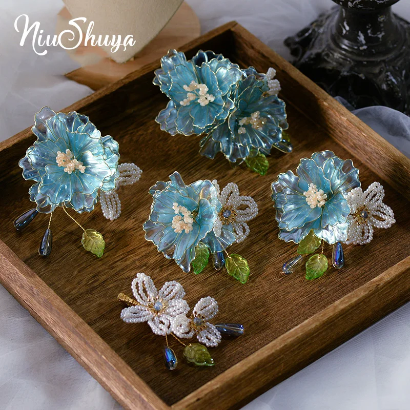 

NiuShuya Handmade Blue Flower Pearl Crystal Hair Comb Hair Pin Hair Sticks Women Girl Headpiece Hair Jewelry Wedding Accessories