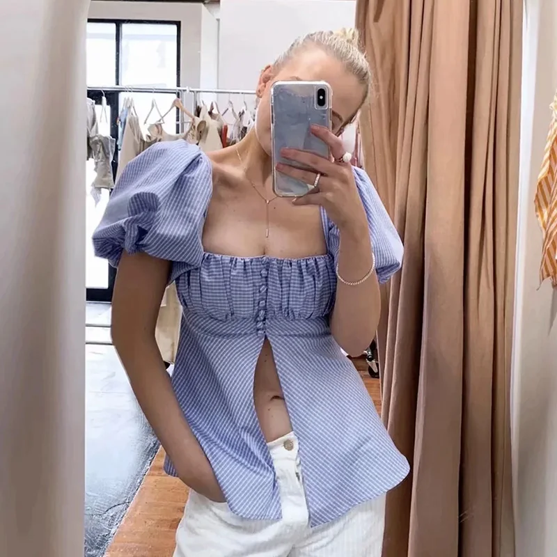 Foridol vintage lantern sleeve button plaid blouse shirt women chic slit checkered blue tops 2020 blusa femininas | Женская одежда