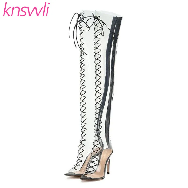 

Knsvvli Clear PVC Thigh High Boots Women Cross Lace Up Peep Toe Summer Long Booties Sexy Thin High Heel Over The Knee Boots
