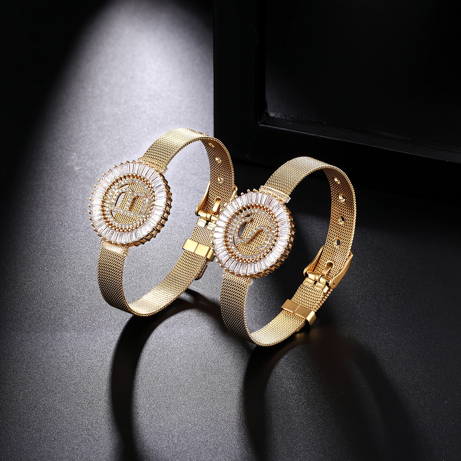 Fashion Stainless Steel Watch Style Bracelet Cubic Zirconia CZ Letter Bracelet Initial Charm Watch Bracelets