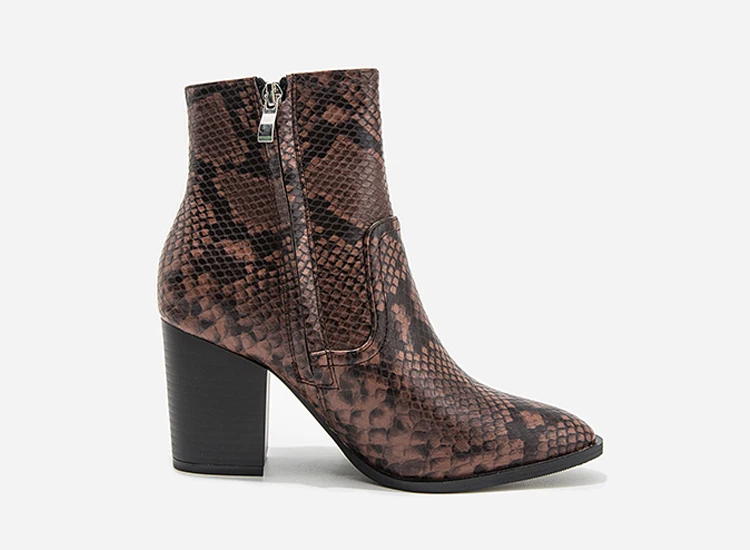 EilyKen/высококачественные ботильоны из искусственной кожи пикантные женские ботинки на Высоком толстом каблуке с принтом в виде серпантина, на молнии, большие размеры 36-43