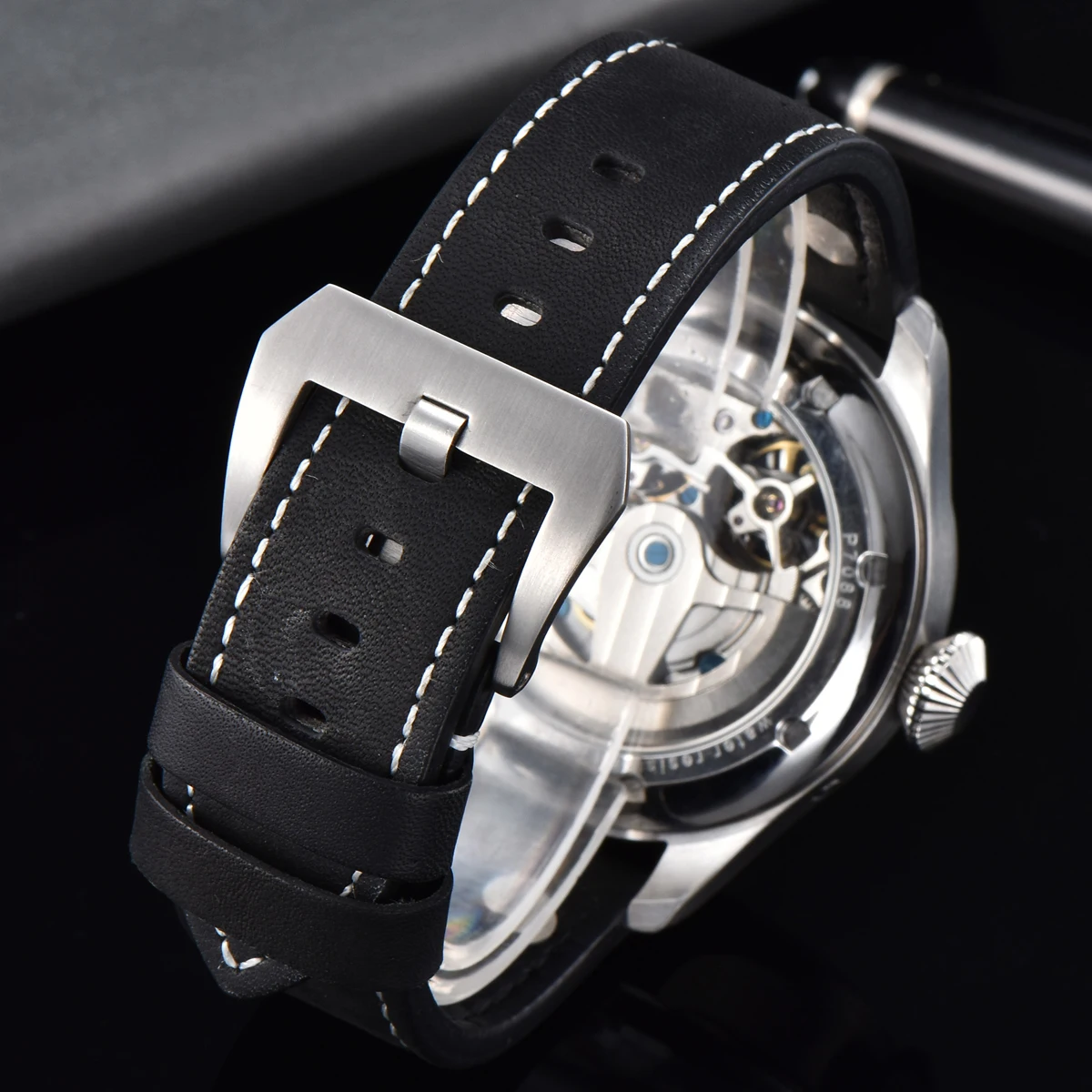 Corgeut 47 мм Moon Phase автоматические мужские механические часы синий циферблат маховик светящийся Календарь Неделя Нержавеющая сталь Кожа