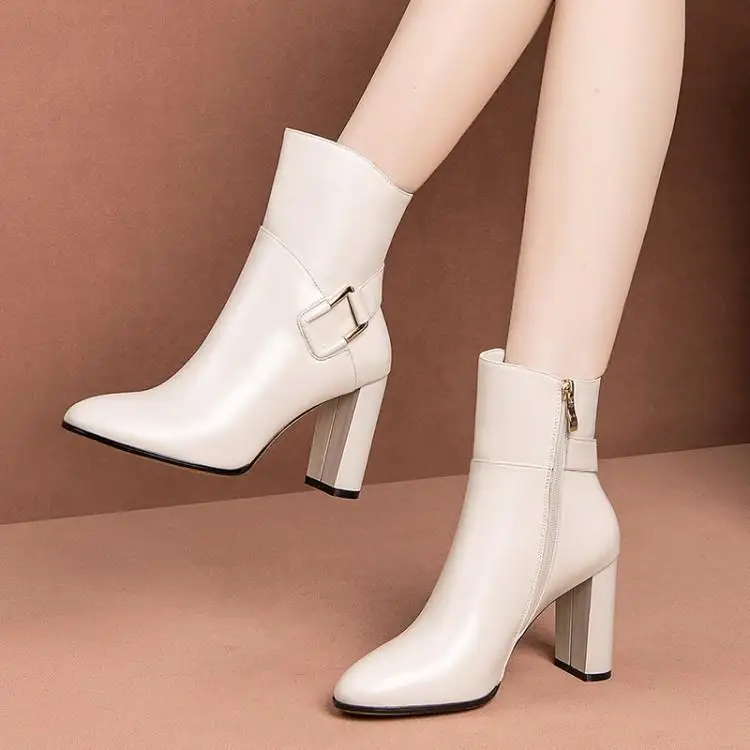 

Winter 2019 round head thick heel side zipper square buckle boots women's high heel white women's boots head layer cowhide 9cm