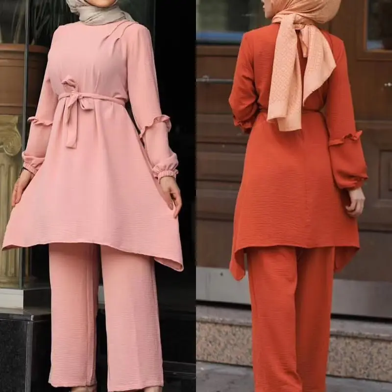 Conjuntos musulmanes de Dubái para mujer, camisetas con cinta + pantalón, Hijab turco, vestido musulmán islámico, Ramadán, ropa F1790, 2 piezas