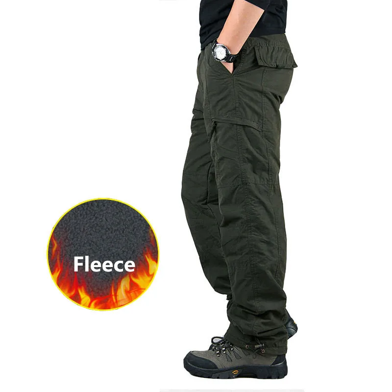 Men's Cargo Fleece Pants Double Layer Winter Thick Warm Pants Overalls Casual Cotton Rip-Stop Military Tactical Baggy Trousers