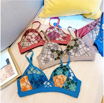 

Vintage Patchwork Women Underwear Set Ethnic Trend Plaid Push Up Bra Set Comfortable Wire Free Sexy Hollow Plus Size Lingerie