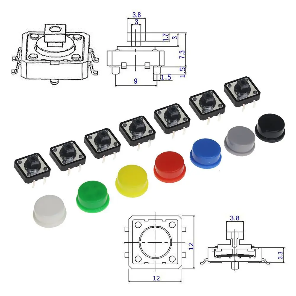 Tactile Push Button Switch Momentary Tact & Cap 12x12x7.3mm Kit Arduino Jl 