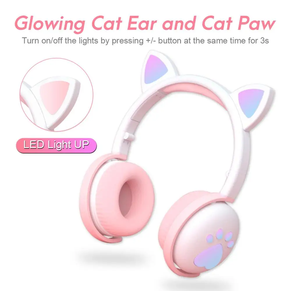 7 1 Stereo Cute Cat Bluetooth Wireless Headphone With Microphone Flashing light Noise Cancel Earphone Music Helmet Girl Kid Gift